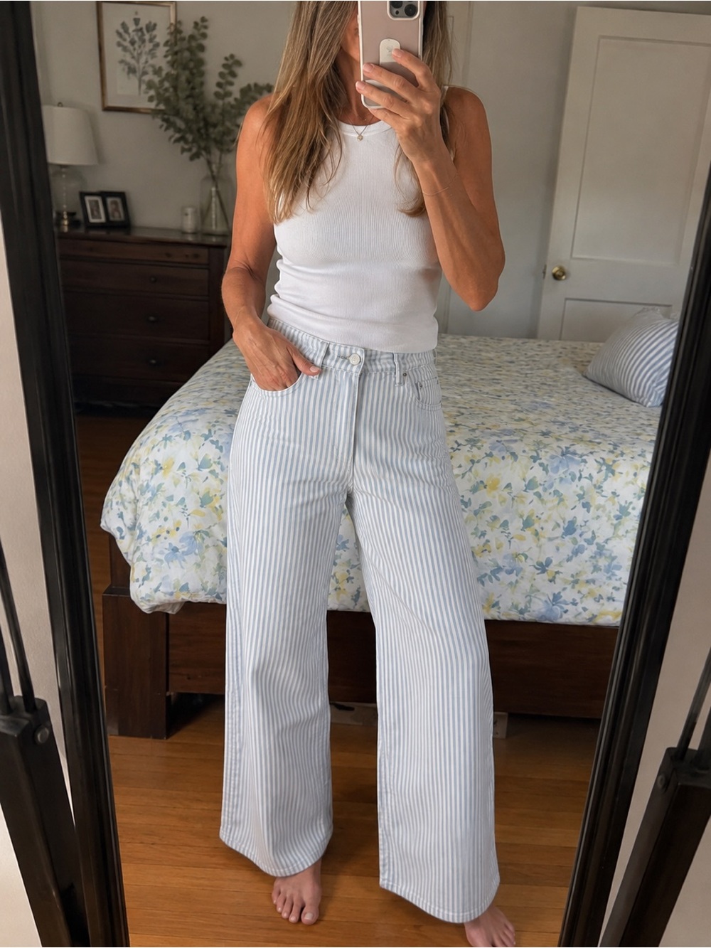 J. Crew Light Blue & White Striped Wide-Crop Leg Pants